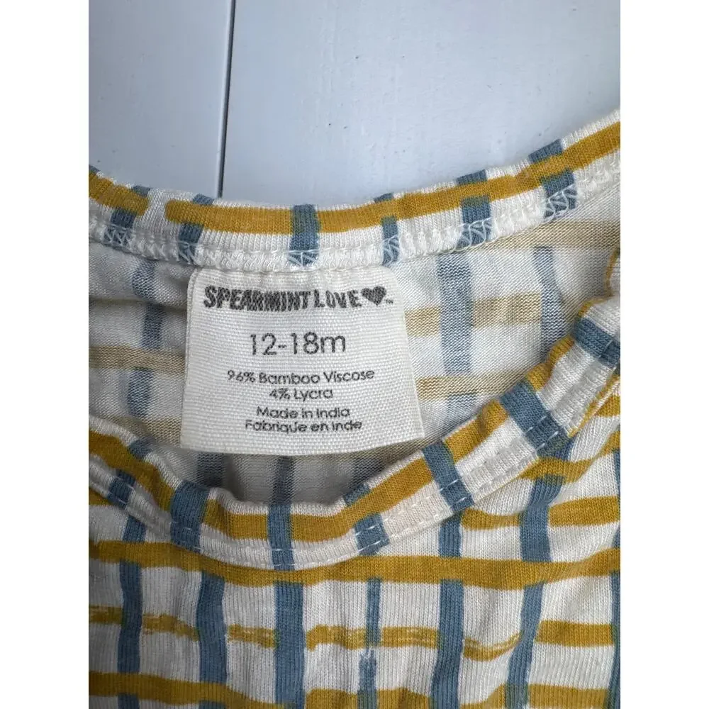 Spearmint Love Bamboo Gingham Romper Jumpsuit in blue yellow beige size 12-18m